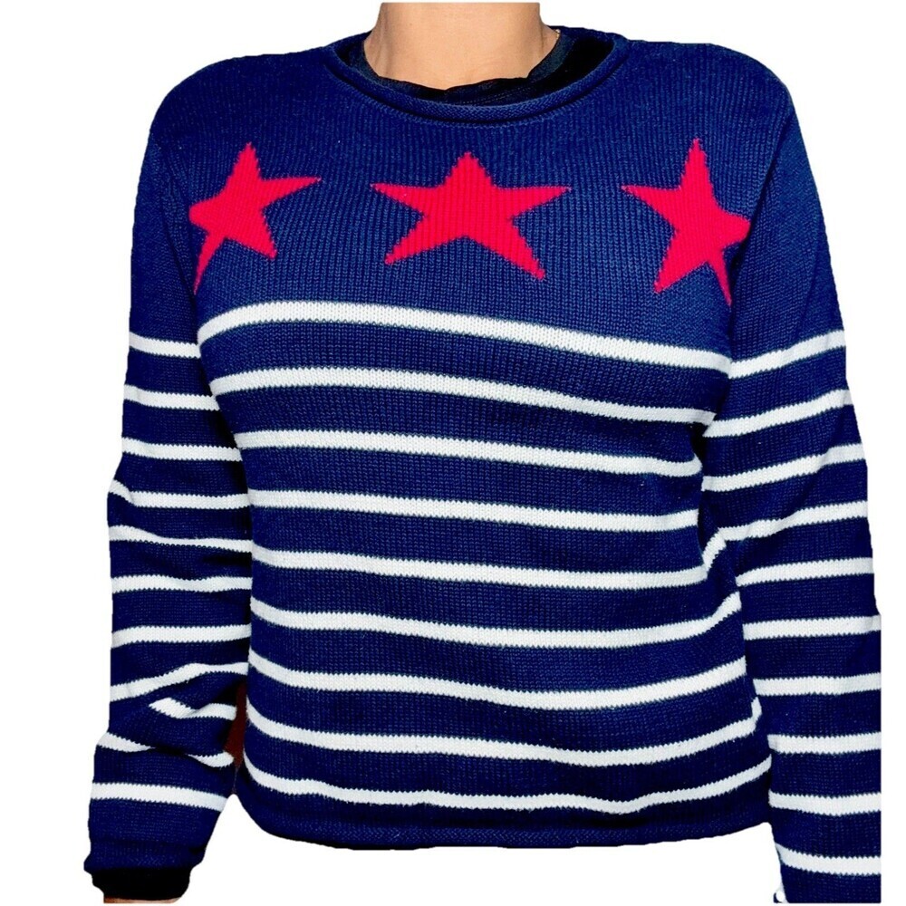 Norton Studio Sweater Women PXL Patriotic Blue Red White Stars Stripe Knit USA